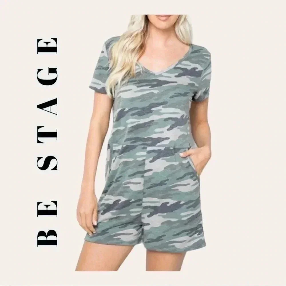 0426W. BE STAGE CAMO ROMPER SIZE LARGE GREEN IN COLOR SHORT SLEEVE